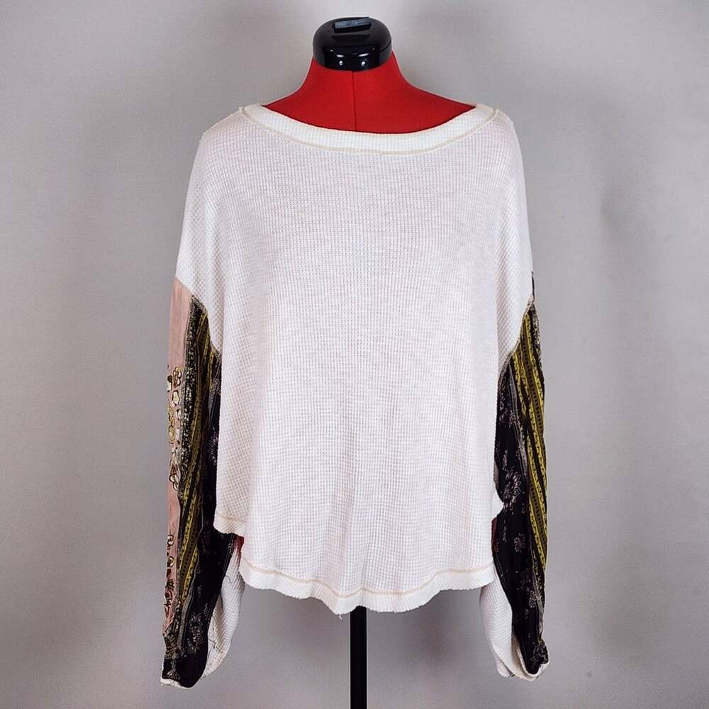 Free People Thermal Top XS White Patchwork Sleeve Shirt boho, Whimsigoth